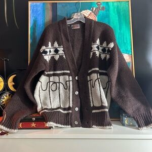 Vintage 60s 70s Grandpa Boho Brown and Cream Cardigan Medium